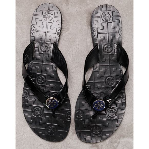 Tory Burch Thora Black Patent Leather Thong Sandals Womens Size 9 Silver Logo - Picture 8 of 16